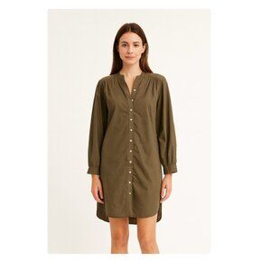 Xirena Shirt Dress Womens Small Olive Green Button Front V-Neck Tunic 3/4 Sleeve